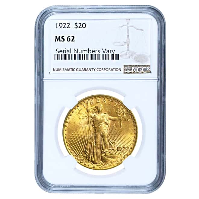1922 $20 Gold St. Gaudens Double Eagle Coin NGC MS 62