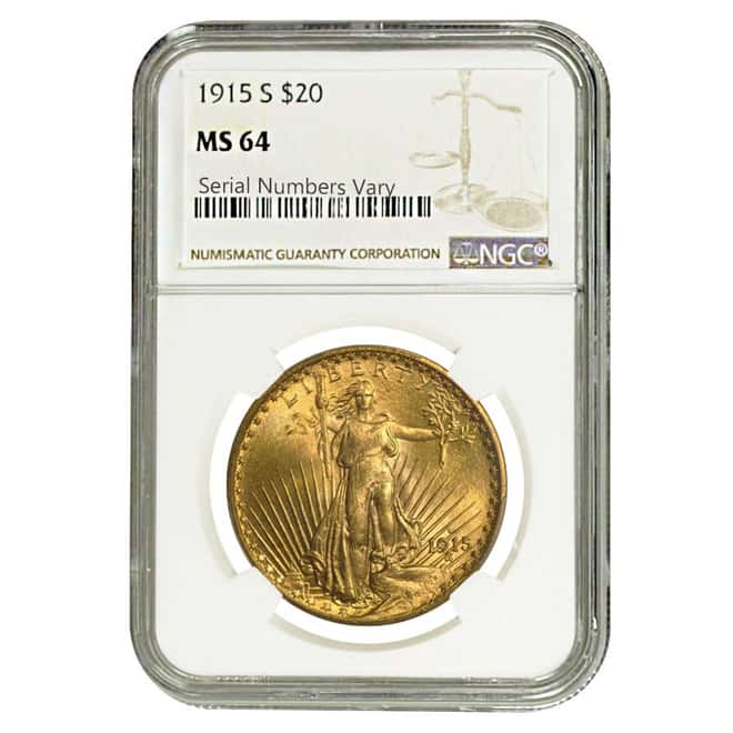 1915 S $20 Gold Saint Gaudens Double Eagle NGC MS 64