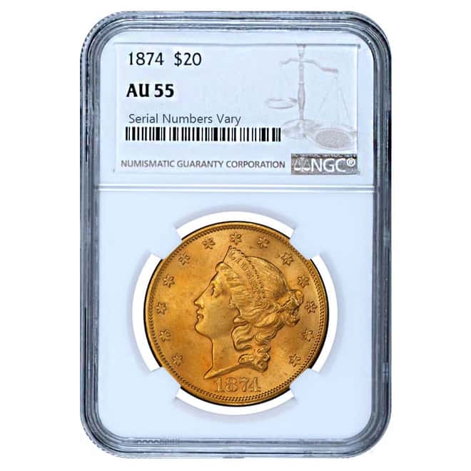 1874 $20 Liberty Head Double Eagle Gold Coin NGC AU 55