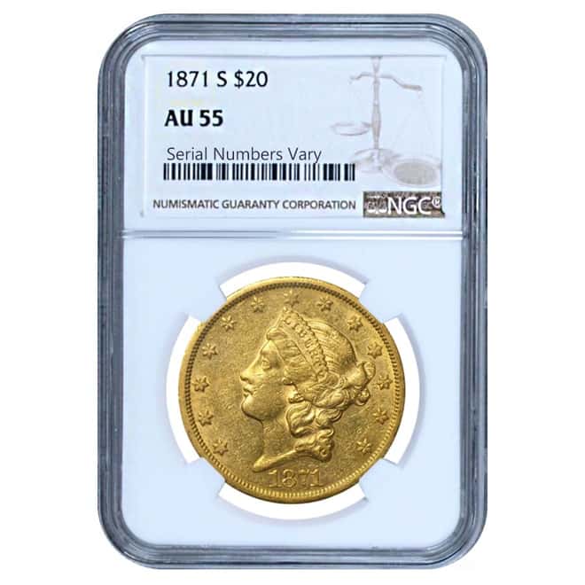 1871 S $20 Liberty Head Double Eagle Gold Coin NGC AU 55