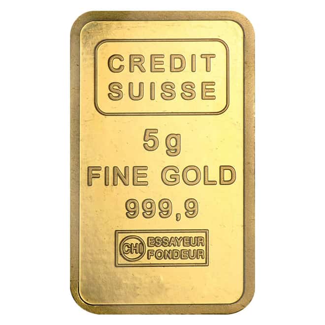 5 gram Credit Suisse Gold Bar .9999 Fine (In Assay) 