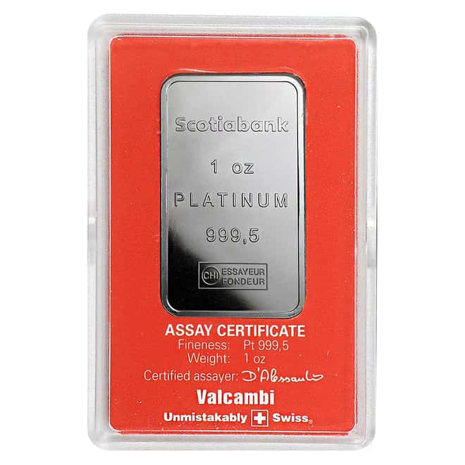 1 oz Platinum Bar - Scotiabank Valcambi Suisse .999+ Fine (In Assay) 