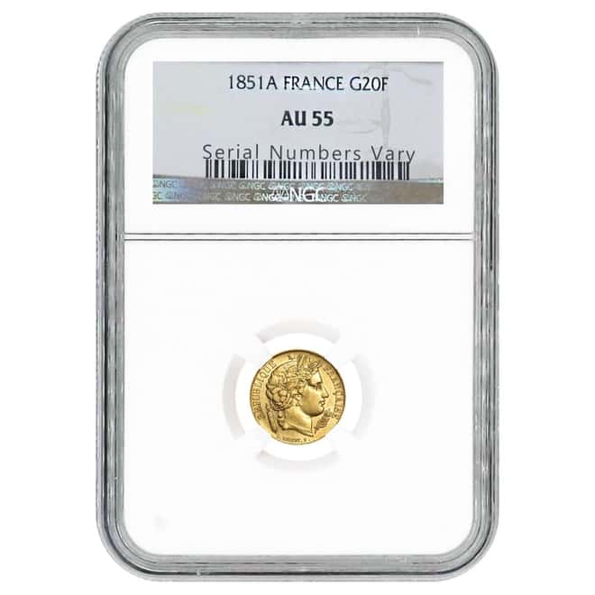 1851-A Gold France 20 Francs Coin NGC AU 55