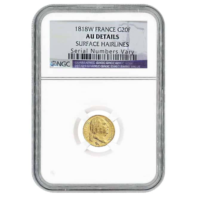 1818-W Gold France 20 Franc Louis XVIII Coin NGC AU Details