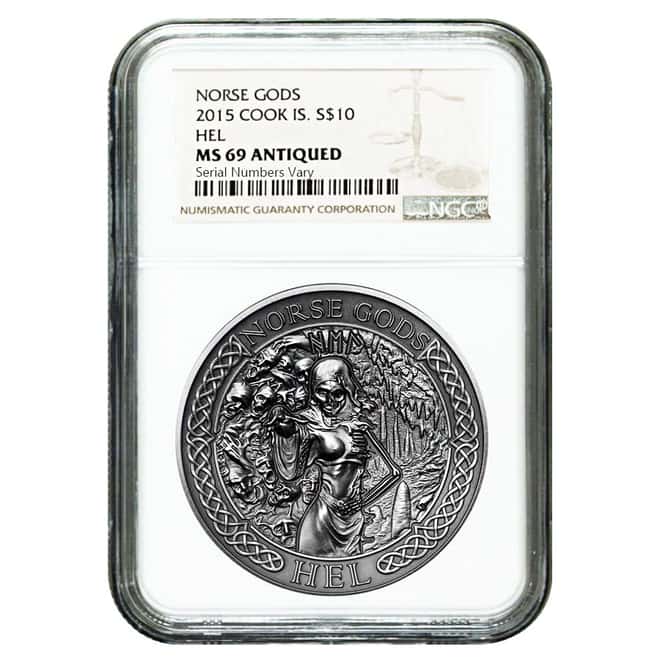 2015 2 oz Cook Islands Silver Norse Gods Hel Ultra High Relief NGC MS 69 Antiqued w/COA