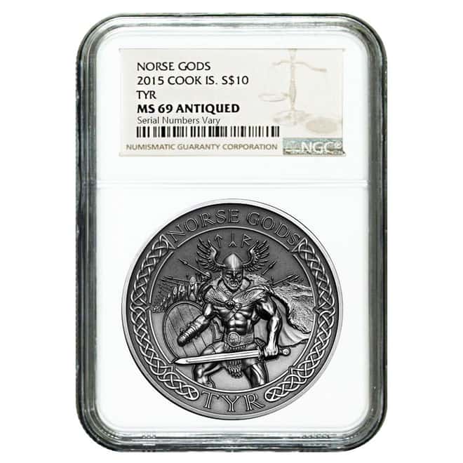 2015 2 oz Cook Islands Silver Norse Gods Tyr Ultra High Relief NGC MS 69 Antiqued w/COA