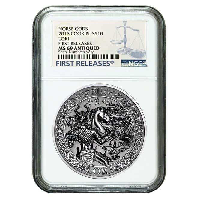 2016 2 oz Cook Islands Silver Norse Gods Loki Ultra High Relief NGC MS 69 Antiqued First Releases w/COA