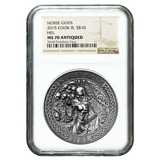 2015 2 oz Cook Islands Silver Norse Gods Hel Ultra High Relief NGC MS 70 Antiqued w/COA