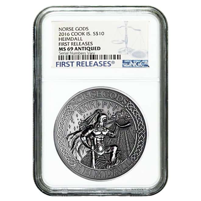 2016 2 oz Cook Islands Silver Norse Gods Heimdall Ultra High Relief NGC MS 69 Antiqued First Releases w/COA