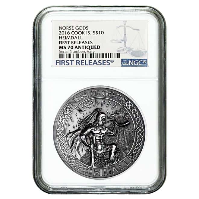 2016 2 oz Cook Islands Silver Norse Gods Heimdall Ultra High Relief NGC MS 70 Antiqued First Releases w/COA
