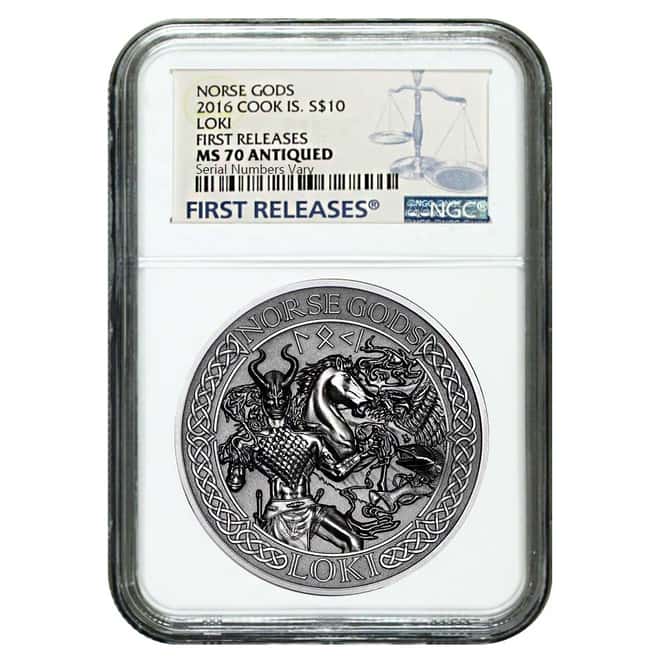 2016 2 oz Cook Islands Silver Norse Gods Loki Ultra High Relief NGC MS 70 Antiqued First Releases w/COA