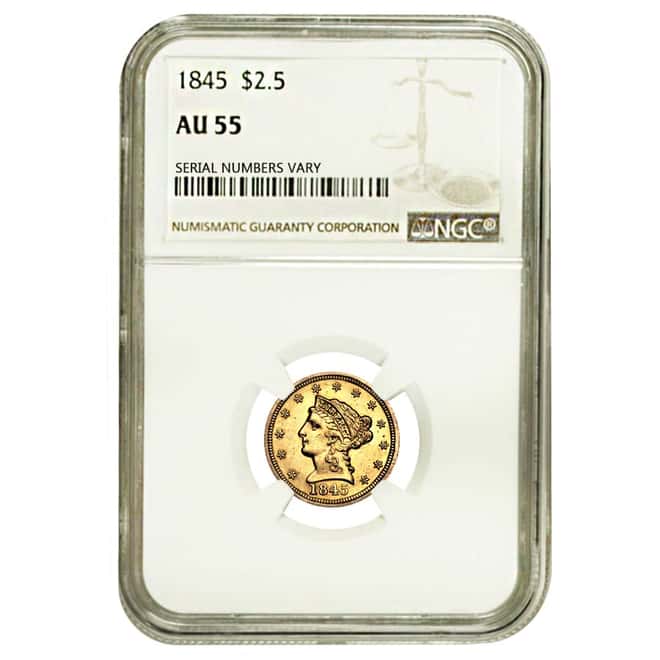 1845 $2.5 Liberty Head Quarter Eagle Gold Coin NGC AU 55    