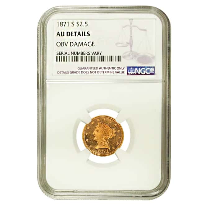 1871 S $2.5 Liberty Head Quarter Eagle Gold Coin NGC AU Details    