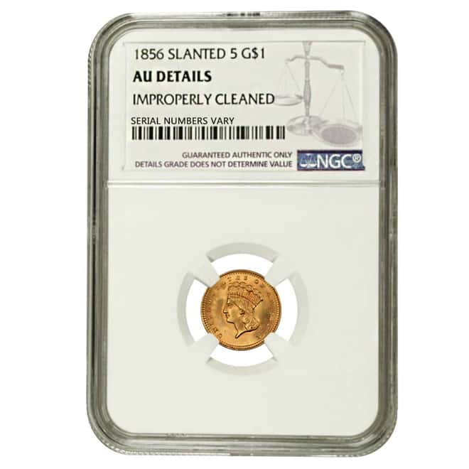 1856 Slanted 5 $1 Gold Indian Princess Head Coin NGC AU Details 