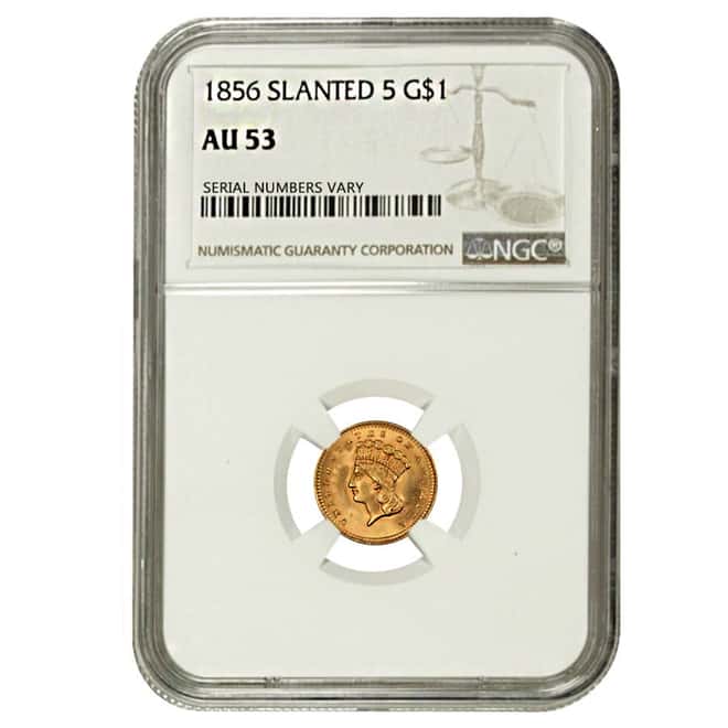1856 Slanted 5 $1 Gold Indian Princess Head Coin NGC AU 53
