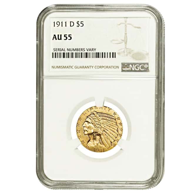 1911 D $5 Half Eagle Indian Head Gold Coin NGC AU 55    