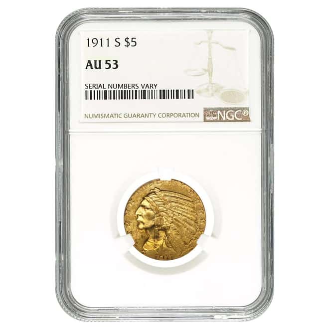 1911 S $5 Gold Half Eagle Indian Head NGC AU 53