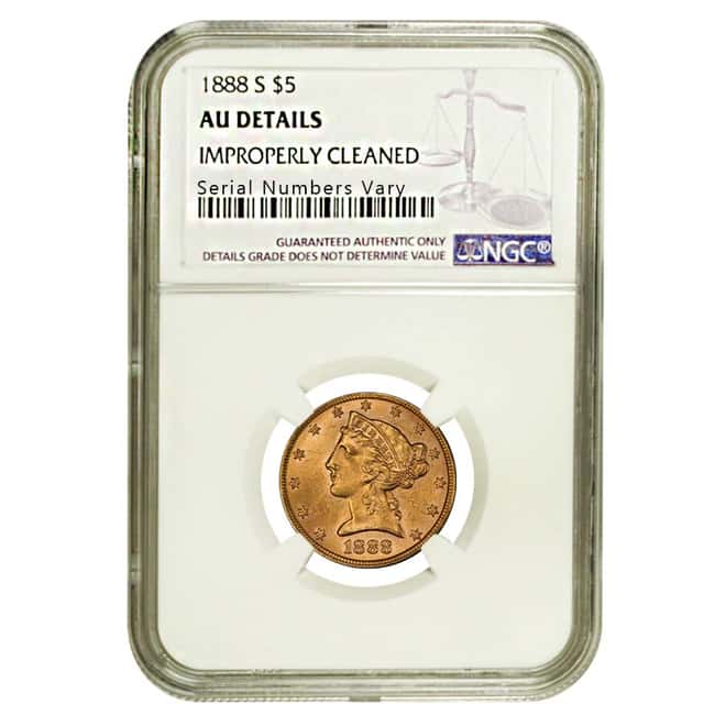 1888 S $5 Liberty Head Half Eagle Gold Coin NGC AU Details    
