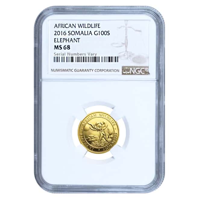2016 Somalia 1/10 oz Gold African Elephant NGC MS 68