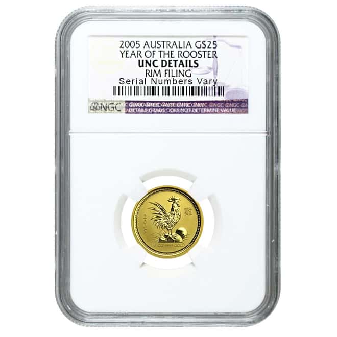 2005 1/4 oz $25 Gold Lunar Year of the Rooster NGC UNC Details