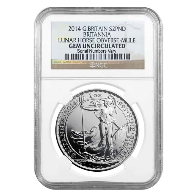 2014 G Britain Britannia Silver 2PND Coin Lunar Horse OBV-Mule NGC Gem BU