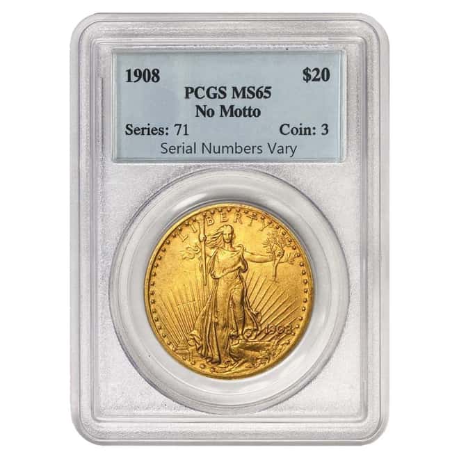 1908 $20 Gold St. Gaudens Double Eagle Coin No Motto PCGS MS 65