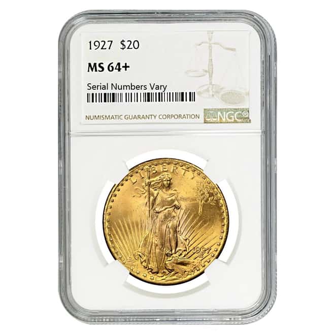 1927 $20 Gold St. Gaudens Double Eagle Coin NGC MS 64+