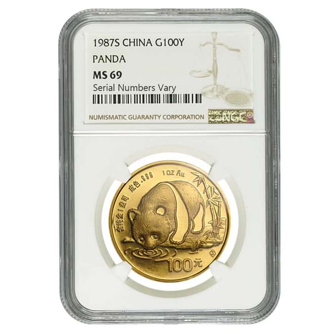 1987 S 1 oz China Gold Panda 100 Yuan NGC MS 69