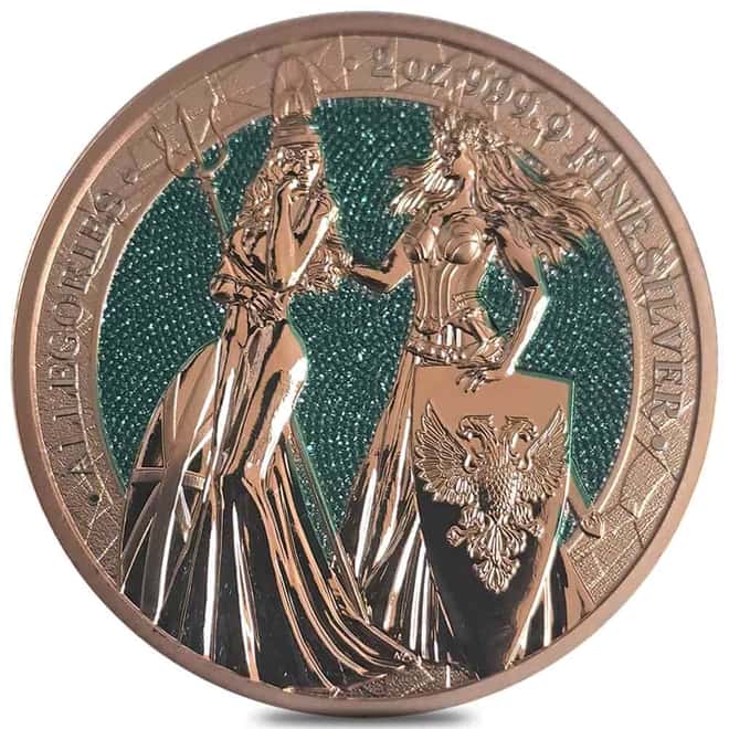 2019 2 oz Britannia & Germania The Allegories 10 Marks Gilded Silver Coin