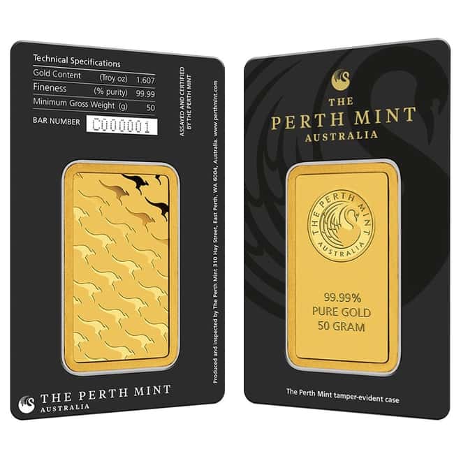 50 gram Perth Mint Gold Bar .9999 Fine (In Assay)