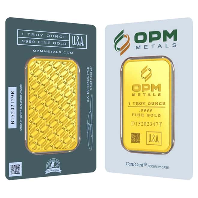 1 oz OPM Gold Bar .9999 Fine (In Assay)