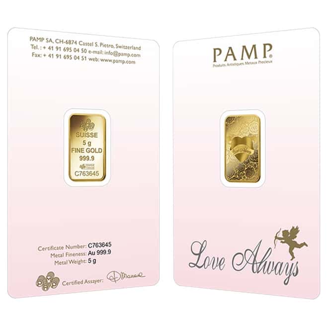 Lot of 5 - 5 gram PAMP Suisse Gold Bar - Love Always (In Assay) .9999 Fine