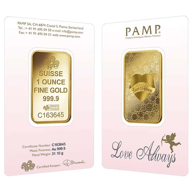 1 oz PAMP Suisse Gold Bar - Love Always (In Assay) .9999 Fine