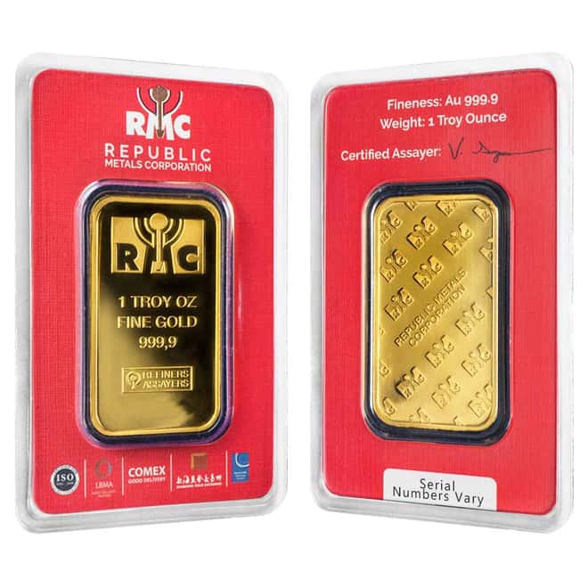 1 oz Republic Metals (RMC) Gold Bar .9999 Fine (In Assay)
