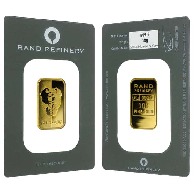 10 gram Rand Refinery Mirage Gold Bar .9999 Fine (In Assay)