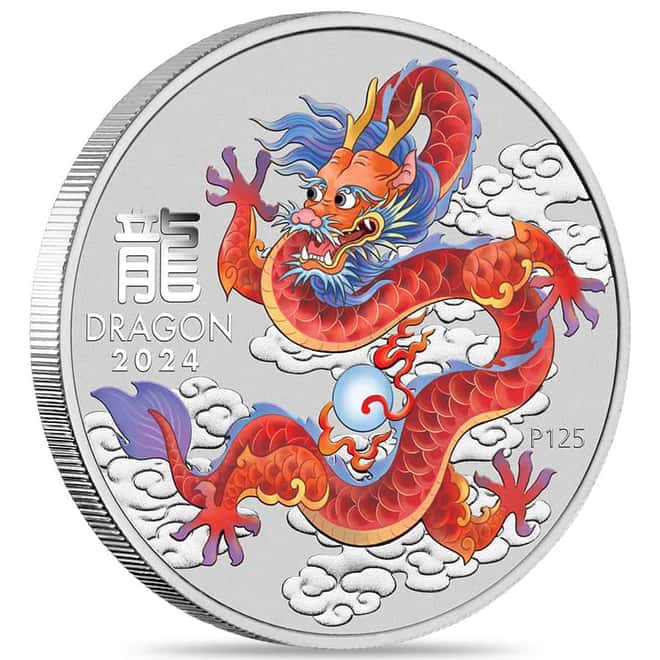 2024 1 oz Colorized Silver Lunar Red Dragon Coin Perth Mint