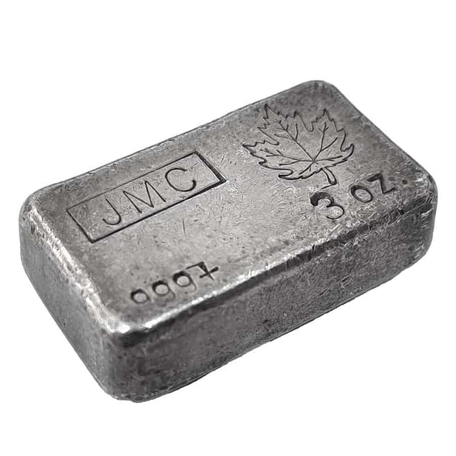 3 oz Johnson Matthey (JMC) Maple Leaf Logo Silver Bar .999+ Fine