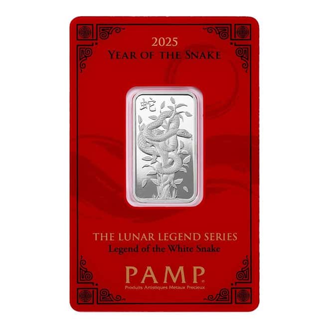 Box of 25 - 2025 10 Gram PAMP Suisse Lunar White Snake Silver Bar (in Assay)