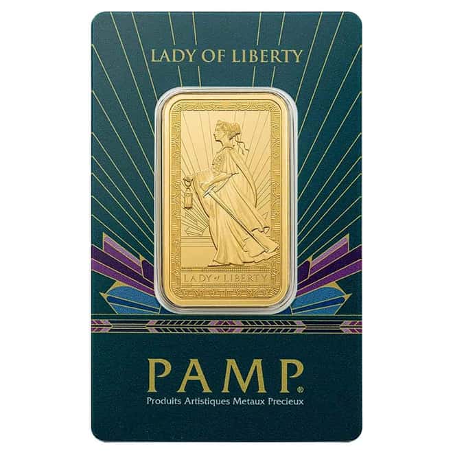 1 oz PAMP Suisse Lady of Liberty Gold Bar .9999 Fine (in Assay)