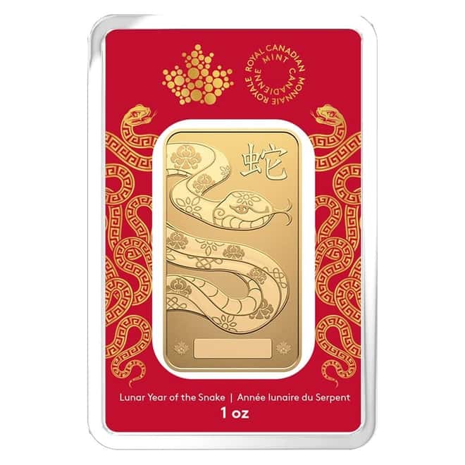 2025 1 oz Royal Canadian Mint RCM Lunar Snake Gold Bar .9999 Fine (in Assay)