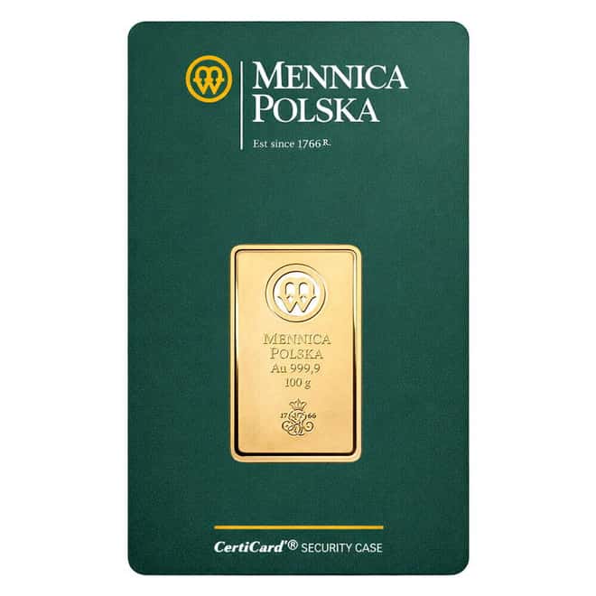 100 Gram Mint of Poland Gold Bar .9999 Fine (in Assay)