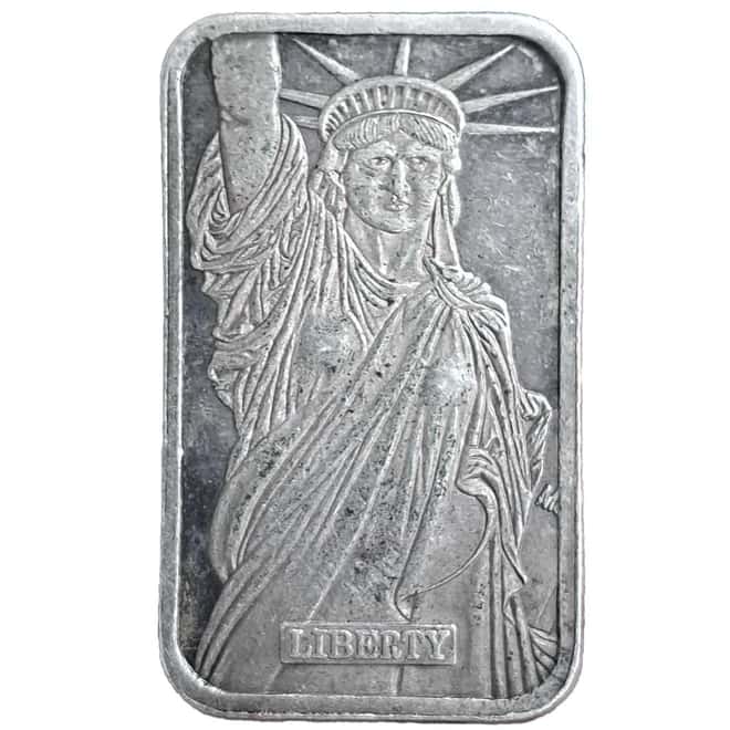 1 oz Johnson Matthey MTB Statue of Liberty Silver Vintage Bar .999 Fine