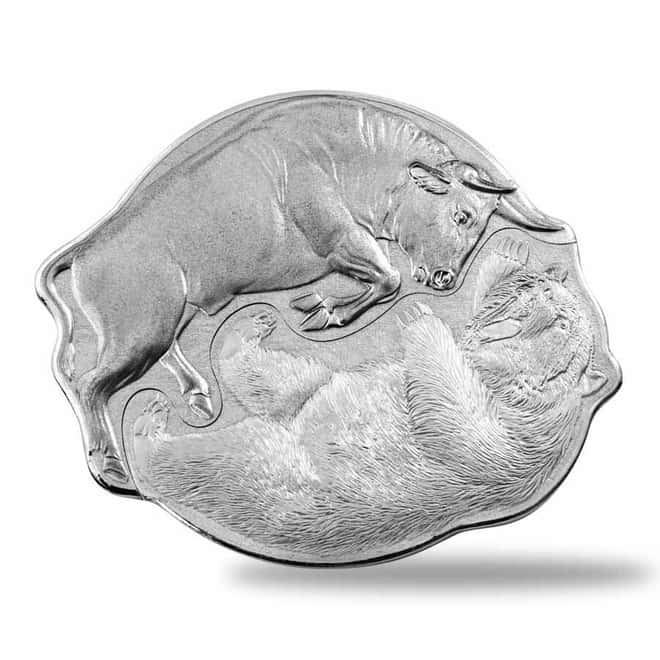 2021 Solomon Islands 2 x 1 oz Silver Bull vs Bear Interlocking 2-Coin Set .9999 Fine (w/Box & COA)