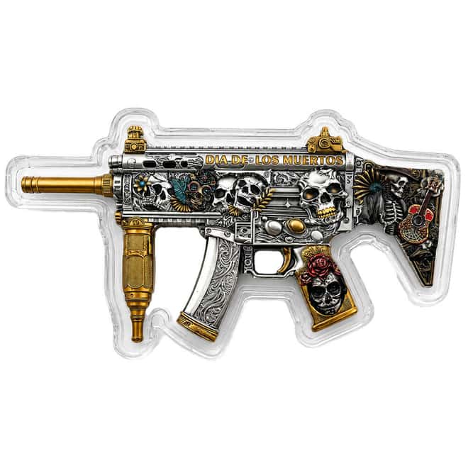 5 oz Dia de los Muertos Gun Shaped Silver .999 Fine Antiqued Finish