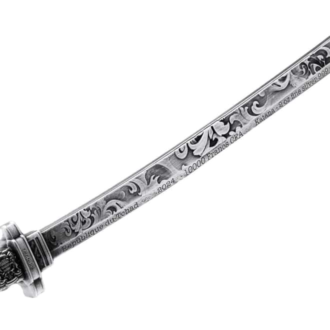2024 2 oz Chad Antiqued Katana Sword Shaped Silver Coin .999 Fine