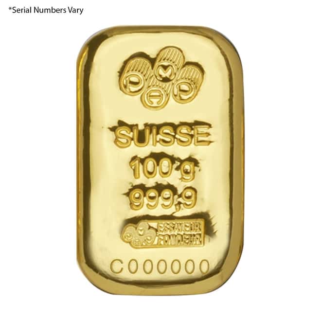 100 gram Gold Bar - Pamp Suisse (Cast, w/Assay)
