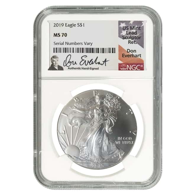 2019 1 oz Silver American Eagle $1 Coin NGC MS 70 (Don Everhart Sign Label)