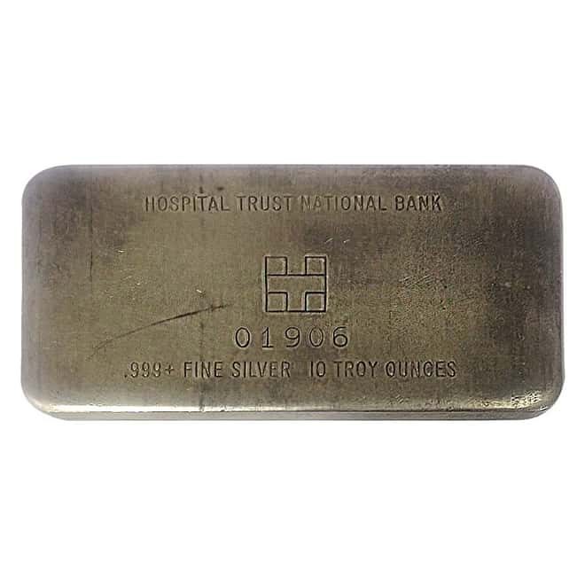 10 oz Hospital Trust National Bank Silver Bar .999+ Fine