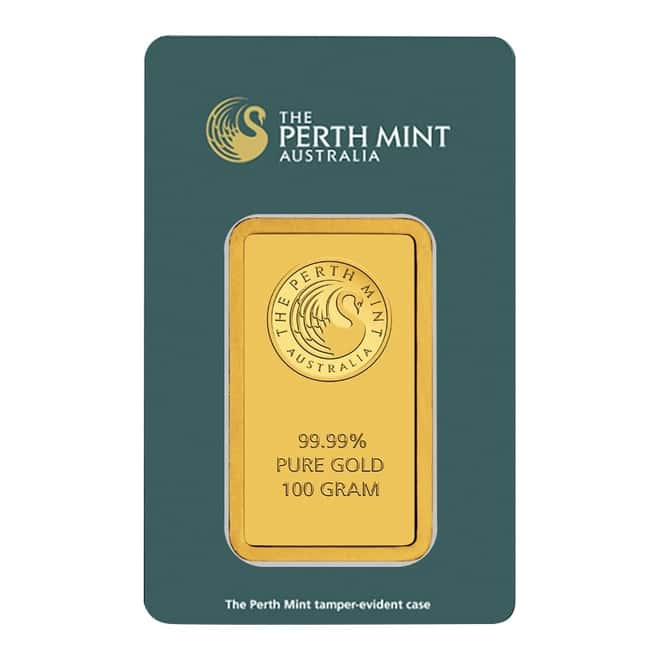 100 gram Perth Mint Gold Bar .9999 Fine (In Assay)