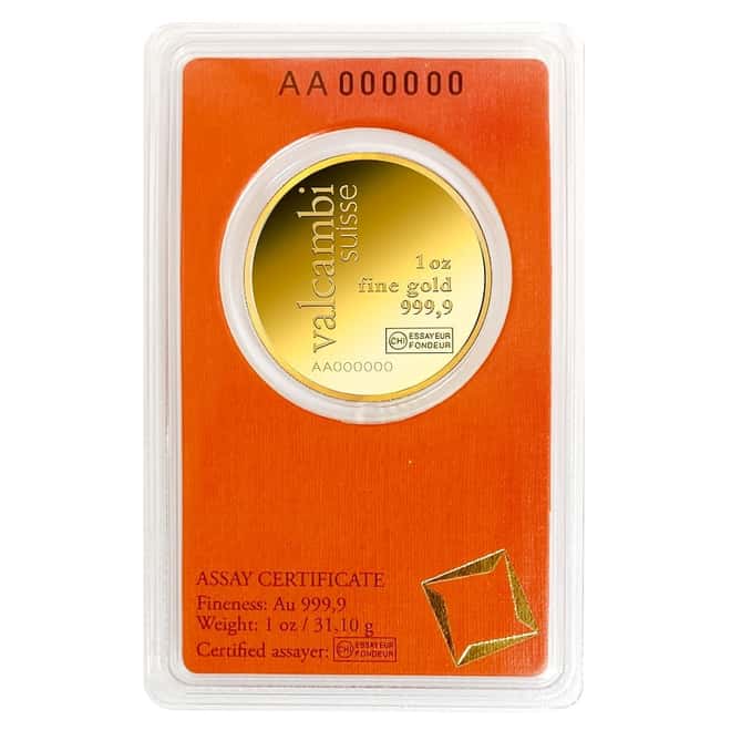 1 oz Gold Round Valcambi Suisse .9999 Fine (In Assay)